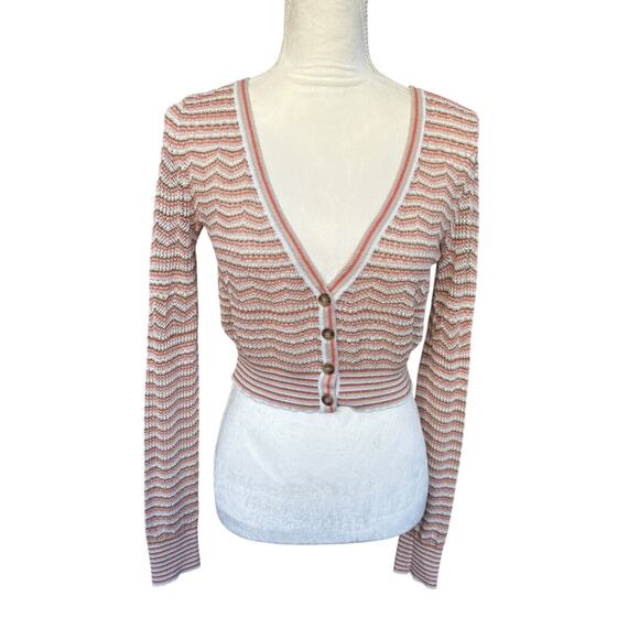 INTERMIX Y2K Brown Tan White Mona Knit Pointelle Cropped Cardigan Sweater - S - Picture 2 of 7